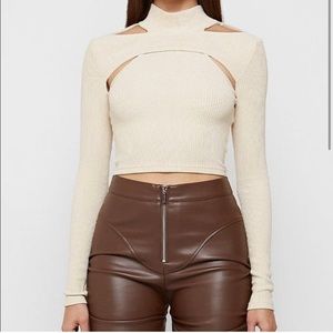 Manière De Voir | HIGH NECK RIBBED CROP TOP, BEIGE